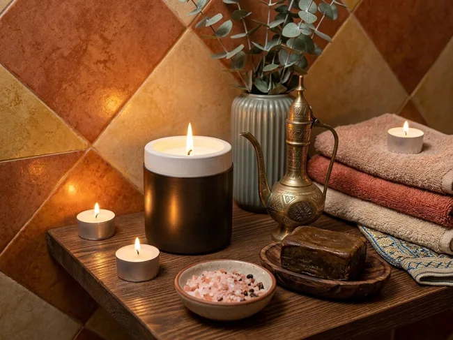 Bougies, serviettes et accessoires du rituel chez Malouka Spa à Marrakech
