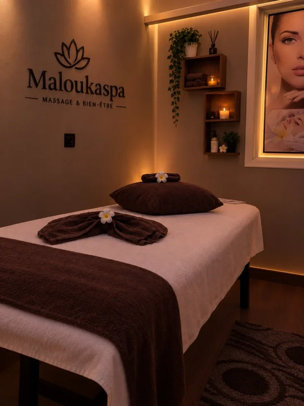 Table de massage et mur signé Malouka Spa chez Malouka Spa à Marrakech