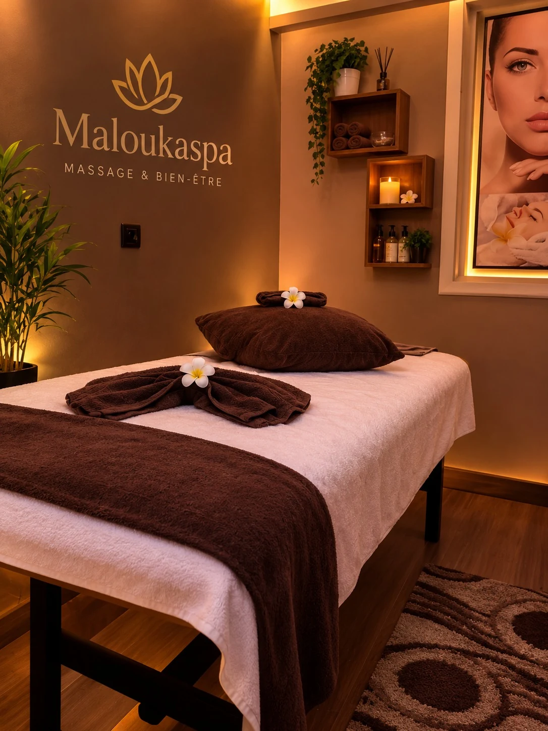 Cabine de massage et étagères de produits chez Malouka Spa à Marrakech