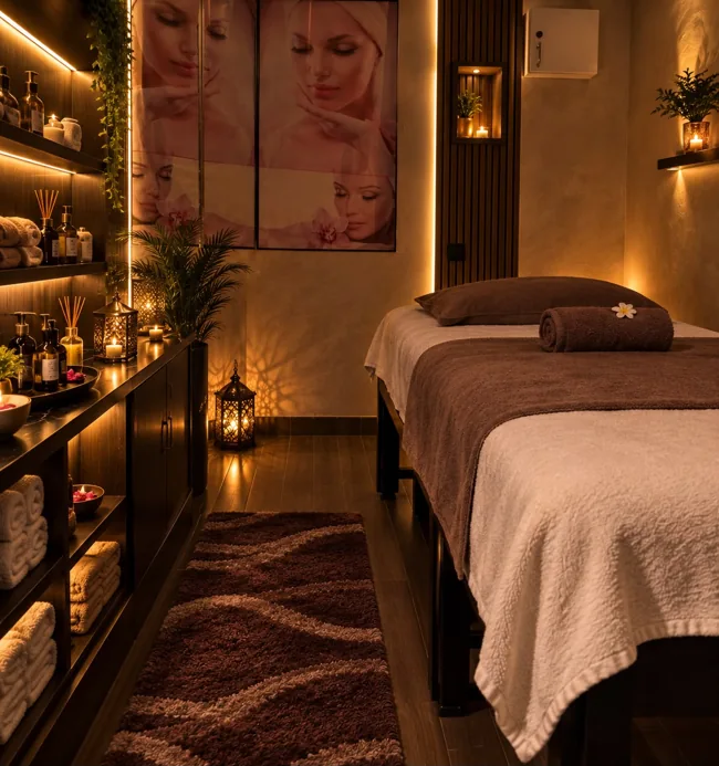 Espace massage dans une lumière chaleureuse chez Malouka Spa à Marrakech