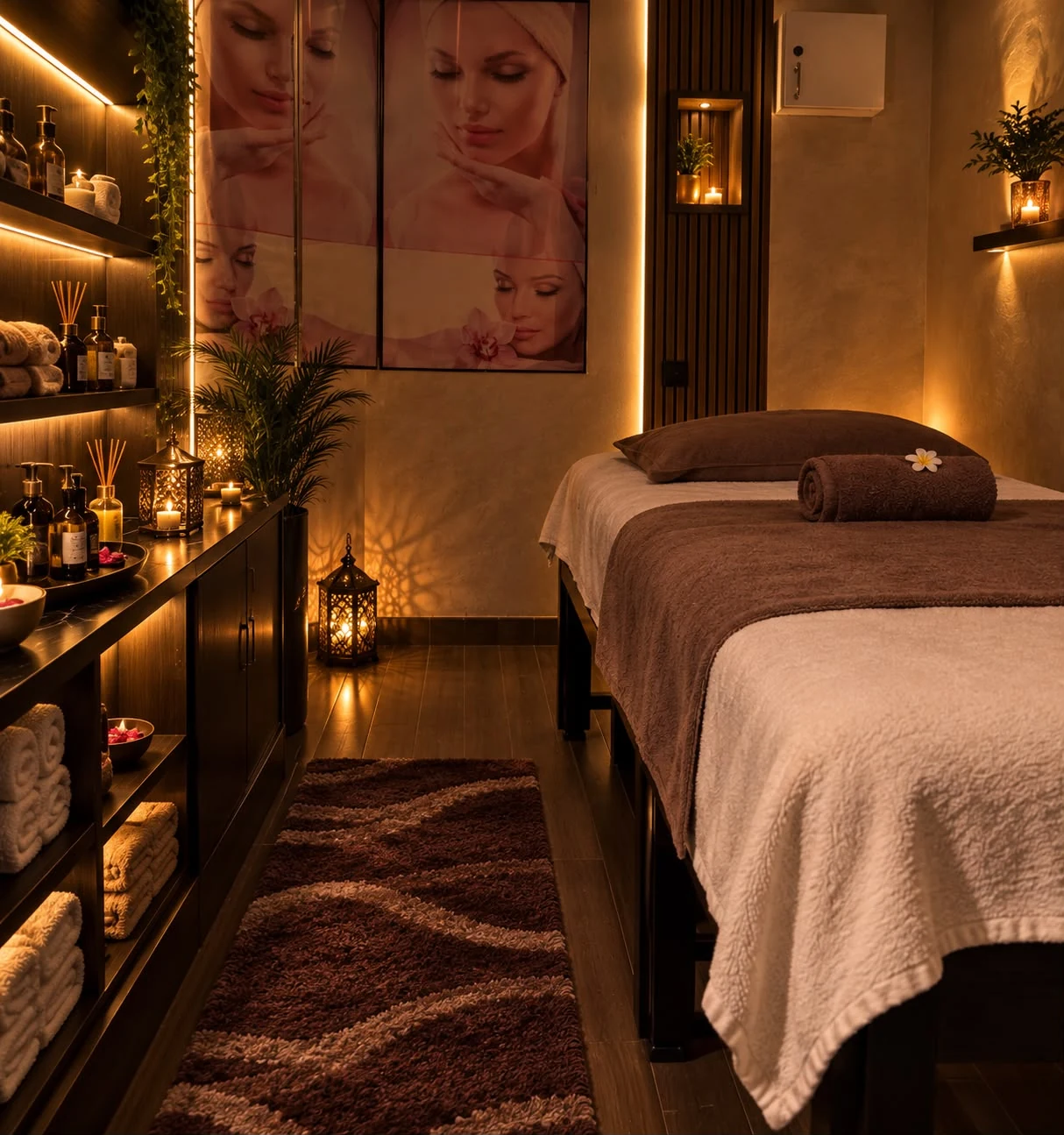 Espace massage de Malouka Spa dans une lumière chaleureuse
